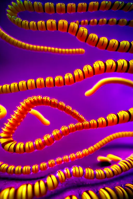 Image similar to high quality close-up photo translucent biomechanic centipede! gorgeous highly detailed hannah yata elson peter cinematic yellow and purple lighting high quality low angle hd 8k sharp shallow depth of field