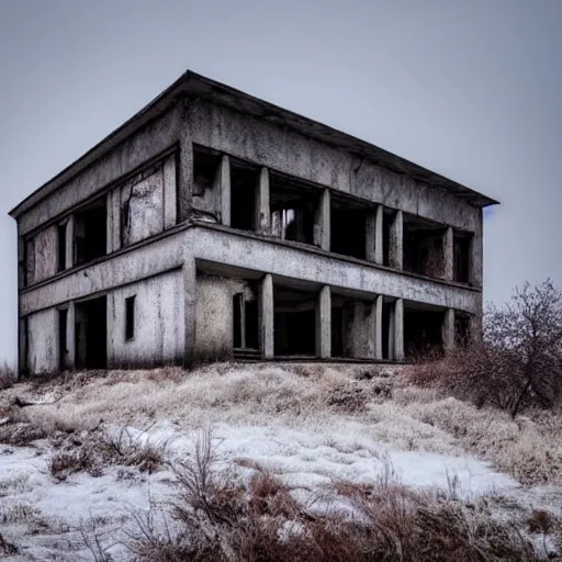 Image similar to landscape with brutalistic soviet architecture style abandoned lifeless house, near foggy forest, dark winter evening, snowing, strong, blizzard, atmospheric, mystical, very detailed 4 k, professional photography