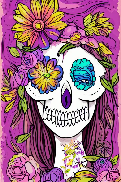 Image similar to portrait of a flower skeletor girl, art by milka oxana, sticker, colorful, illustration, highly detailed, simple, smooth and clean vector curves, no jagged lines, vector art, smooth