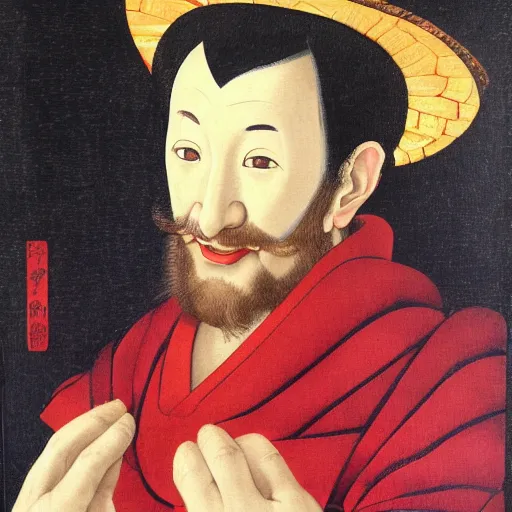 Prompt: portrait painting of happy Michelangelo di Lodovico in the style of ukiyoe