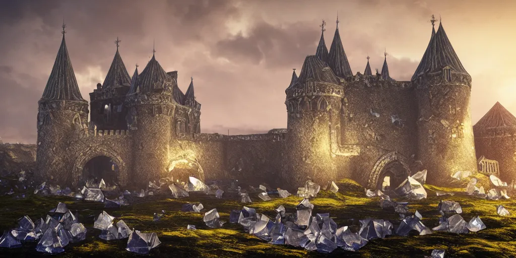 Image similar to medieval baroque castle made of crystal shards, epic landscape, iceland photography, cinematic, octane render, 8 k, artstation trends, dramatic lighting, beautiful dusk sky, concept art, rococo photo realistic, intense detail