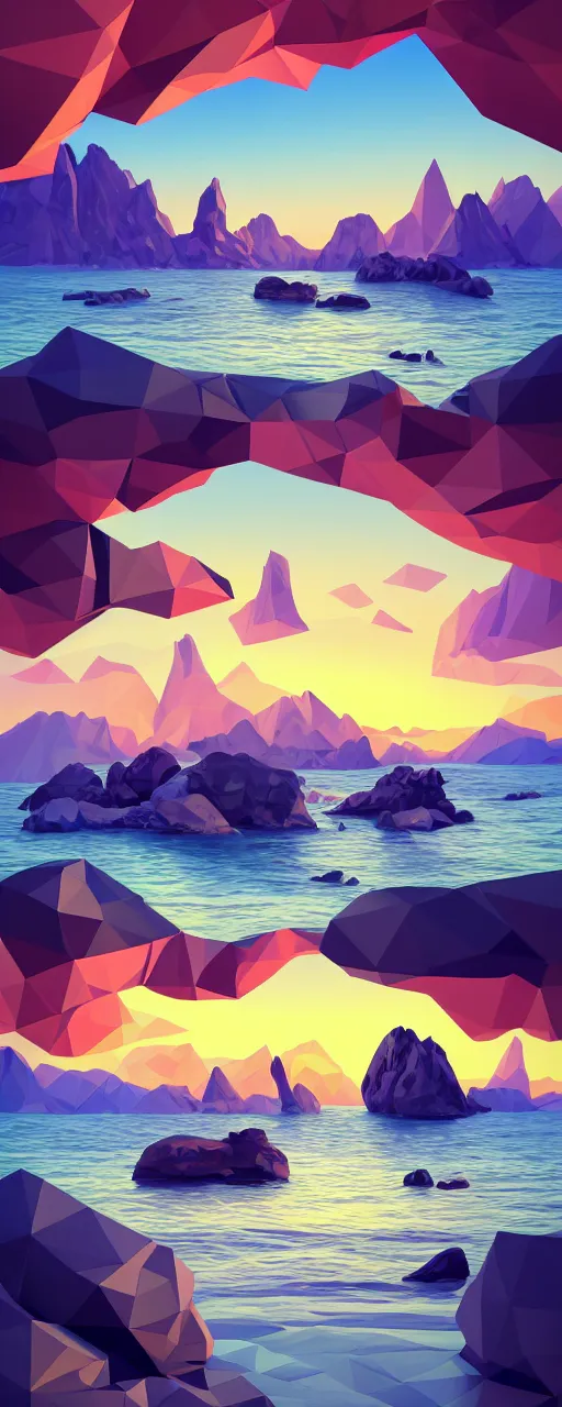 Image similar to super detailed color lowpoly art, northern sunset with rocks on front, monochrome photorealistic bay in the middle of perspective and mountains at background, big graphic ship in the middle of composition, unreal engine, high contrast color palette, 3 d render, lowpoly, colorful, digital art, perspective, full volume composition, robb cobb, robert mccall, syd mead