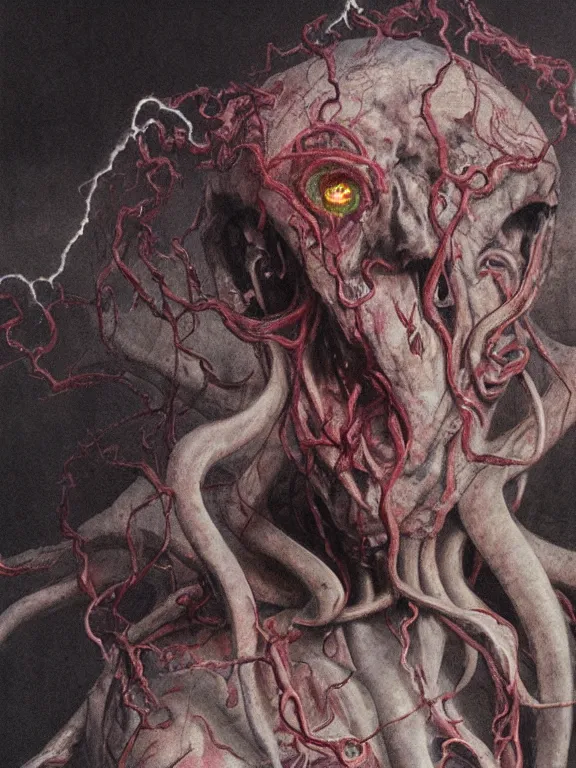 Image similar to painting by wayne barlowe of a flying sorrowful looking severed human head with tears running down it's eyes, face that is chalk white in color, with long sprawling white tentacles stemming down it's neck, fiery scorching red eyes, flying in a terrying hellish dark cavernous place