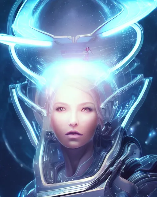 Image similar to photo of a beautiful girl on a mothership, android, warframe armor, pretty face, scifi, futuristic, galaxy, raytracing, dreamy, perfect, aura of light, pure, white hair, blue cyborg eyes, glow, insanely detailed, artstation, innocent look, art by gauthier leblanc, kazuya takahashi, huifeng huang