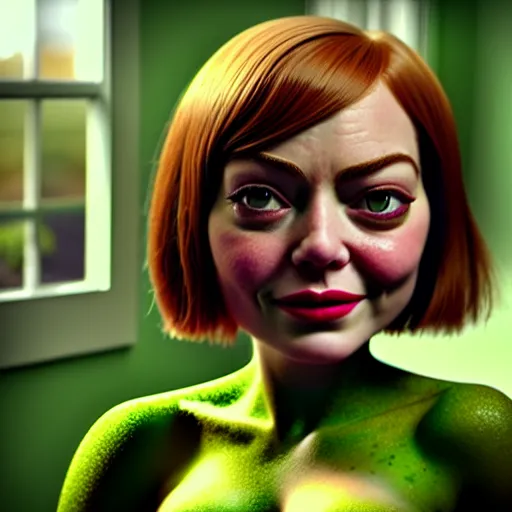 Image similar to Emma Stone as a female version of Shrek, she has shrek nose, ears features, with green skin, fully detailed, high quality , 4k , octane render , soft lightening , masterpiece