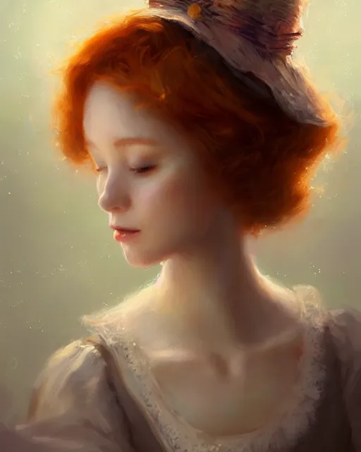 Prompt: maid cafe serving tea, perfect face, bonnet, elegant dress, ginger hair, cinematic, stunning, highly detailed, digital painting, artstation, smooth, hard focus, illustration, art by jessica rossier and and brian froud