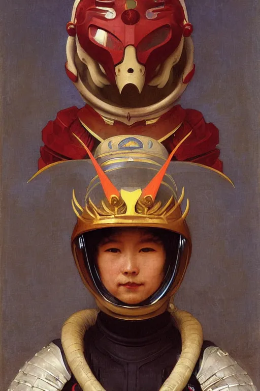 Image similar to portrait of a evil dragon astronaut with chinese dragon armor and helmet, majestic, solemn, by bouguereau