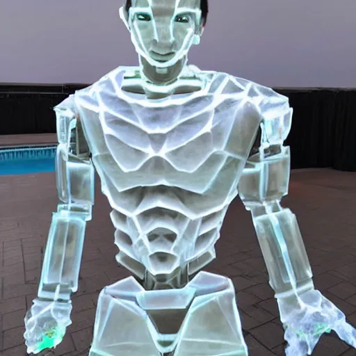 Image similar to made of ice, a realistic detailed photo of a guy who is an attractive humanoid who is half robot and half humanoid, who is a male android, on display, blank stare, showing off his muscles, shiny skin, posing like a statue, by the pool, frozen ice statue, twitch streamer / gamer ludwig, humanoid robot