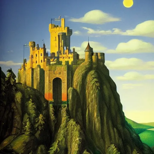 Prompt: a castle guarded by elves by Raphael, Hopper, and Rene Magritte. detailed, romantic, enchanting, trending on artstation.