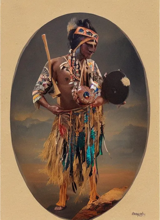 Image similar to a beautiful painting of an indigenous man holding a highly decorated round shamanic drum, fantasy art, matte painting