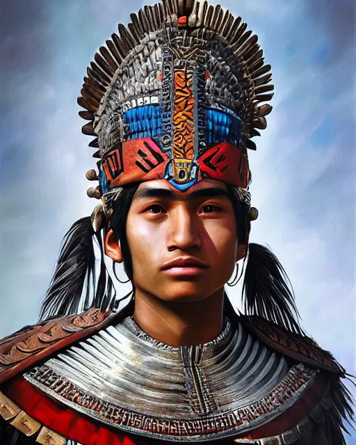 Prompt: portrait of a handsome young aztec warrior, art by lixin yin and denys tsiperko and bogdan rezunenko, hyperrealism, fantasy art