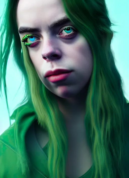 Image similar to Billie Eilish as Female Loki, very detailed, digital art, trending on artstation, smooth render, 8k octane render, digital illustration