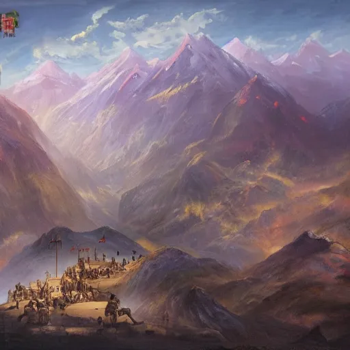 Image similar to A huge army between two mountains, huge banners can be seen, fantasy, oil painting, extra detailed