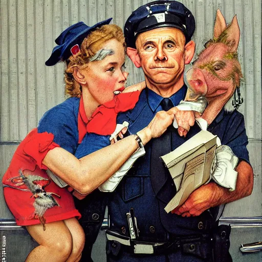 Prompt: hybrid of pig and nyc policeman, annoyed, ultra detailed, photo realistic, style of norman rockwell.