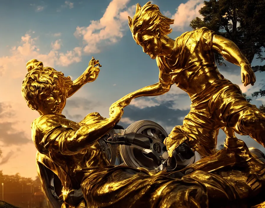 Image similar to golden statue of kid with giant first hitting a supercar, beautiful texture, beautiful graphics, fantasy artwork, very beautiful scenery, hd, hdr, ue 5, ue 6, unreal engine 5, cinematic 4 k wallpaper, 8 k, ultra detailed