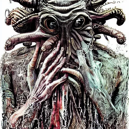 Image similar to graphic illustration, creative design, cthulhu, biopunk, by ralph steadman, francis bacon, hunter s thompson, highly detailed, concept art