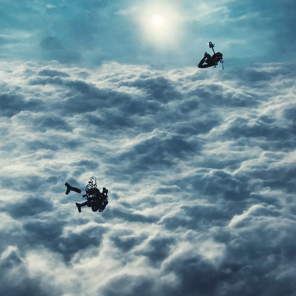 Image similar to a scubadiver floating above the clouds, digital illustration