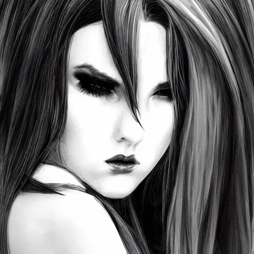 Image similar to princess of darkness, style of artgerm comic, red, piercing eyes, long glowing black and white hair, waterhouse, character art, headshot, matte