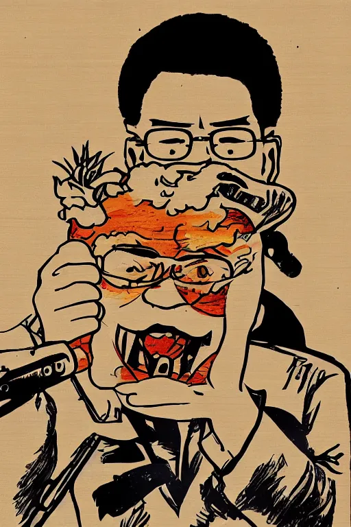 Prompt: worker revolution drinking beer and fried chicken through his head, wang guangyi and yu zhenli art style, higly detailed