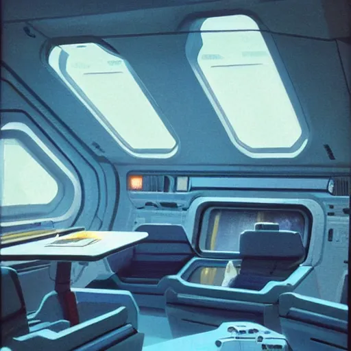 Image similar to Cozy interior of a spaceship, teal lighting, cozy lighting, space seen outside from a window, by Syd Mead, John Harris, Federico Pelat