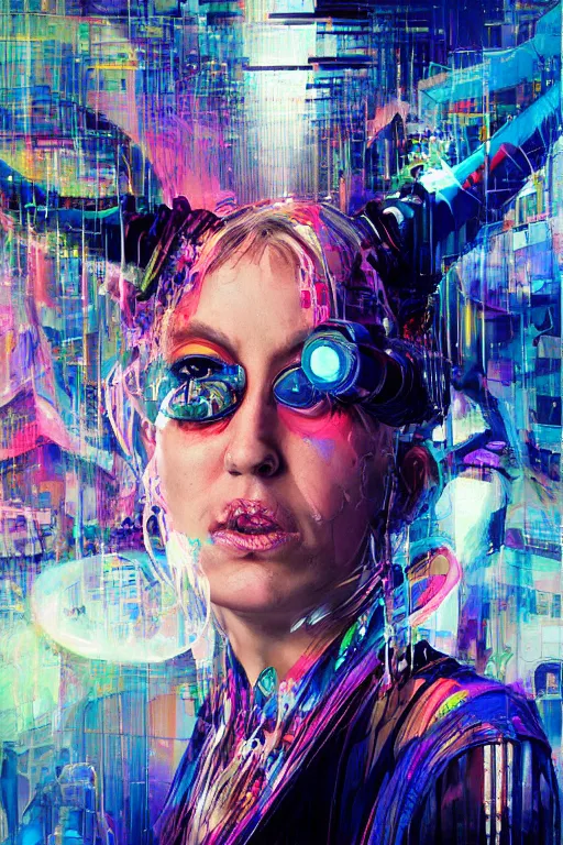 Image similar to portrait, headshot, digital painting, an delightfully mad techno - shaman lady, wink, synthwave, swirly bokeh, glitch, refraction, fracture, realistic, hyperdetailed, chiaroscuro, concept art, art by john berkey