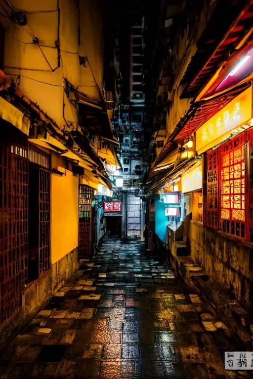 Image similar to an interior view of an old walled city in Hong Kong, colorful, dated and old, dark moody lighting, very detailed, photoreal, 8k, canon 20mm lens