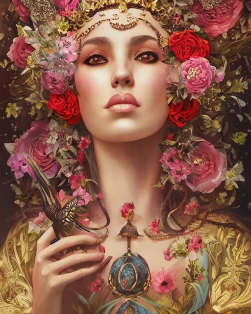 Image similar to portrait of the arabic queen of the underworld, surrounded by flowers by karol bak, james jean, tom bagshaw, rococo, sharp focus, trending on artstation, cinematic lighting, hyper realism, octane render, 8 k, hyper detailed.