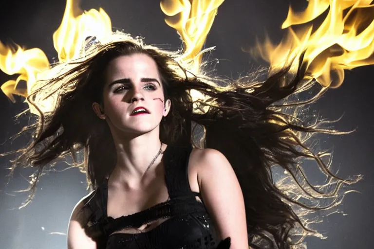 Image similar to emma watson as a heavy metal singer, stage lights, smoke, flames, medium shot