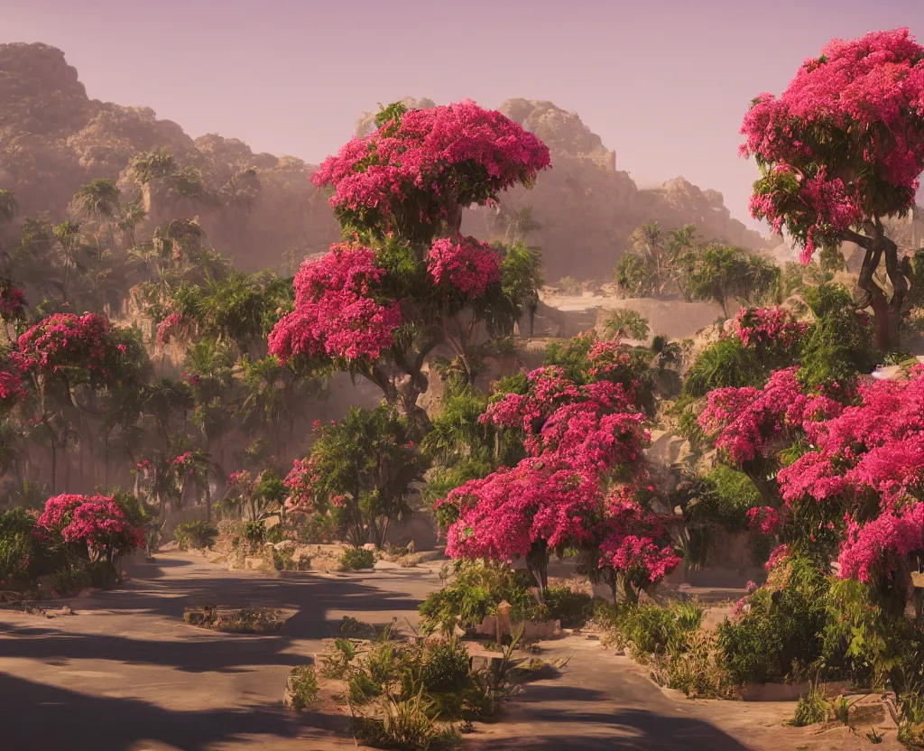 Prompt: a very beautiful scene, ambient occlusion render. desert road with bougainvillea, ruins, hyperrealistic, 4 k. wide angle. wild. deep focus, lovely scene. concept art. unreal engine.