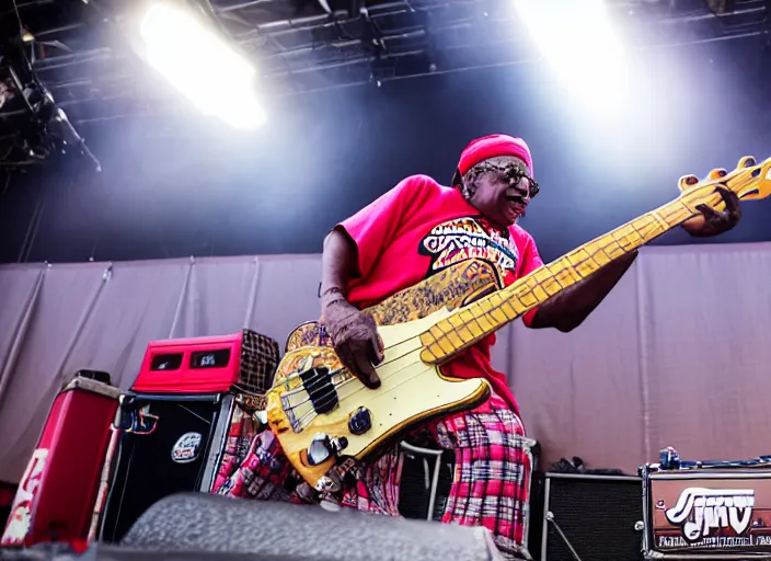 Prompt: photo still of aunt jemima at vans warped tour!!!!!!!! at age 6 0 years old 6 0 years of age!!!!!!! on stage slappin bass guitar, 8 k, 8 5 mm f 1. 8, studio lighting, rim light, right side key light