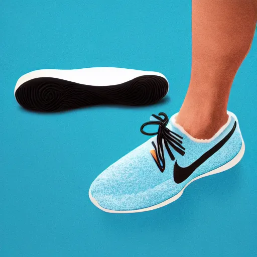 Image similar to poster nike shoe inspired by slippers made of very fluffy cyan and black faux fur placed on reflective surface, professional advertising, overhead lighting, heavy detail, realistic by nate vanhook, mark miner