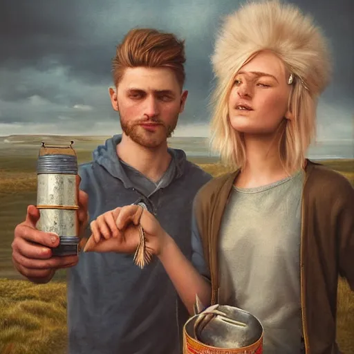 Image similar to a highly detailed portrait from behind of a young couple from the side, holding a tin can, remote icelandic village, summer, jeans and t shirt, blonde hair, muted colors, by tom bagshaw, trending on artstation,