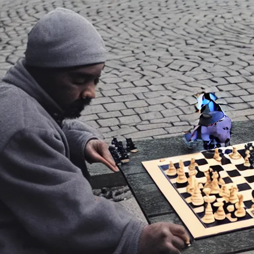 Prompt: Man playing chess with a pigeon