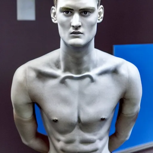 Prompt: a realistic detailed photo of a guy who is an attractive humanoid who is half robot and half humanoid, who is a male android, soccer player matthijs de ligt, shiny skin, posing like a statue, blank stare, by the pool, on display