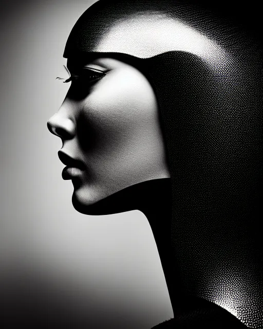 Image similar to a profile portrait, a stunning young woman - cyborg with a mutant crow head, editorial photography, bw, shot on 7 0 mm, depth of field, f / 2. 8, high contrast, 1 6 k, volumetric lighting, shiny, insanely detailed and intricate, hypermaximalist, elegant, ornate, hyper realistic, super detailed