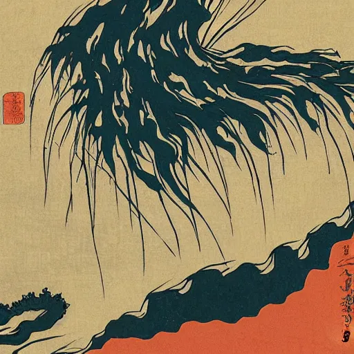 Prompt: generative dirty abstract art by katsushika hokusai, storybook illustration, cool color palette, in a symbolic and meaningful style