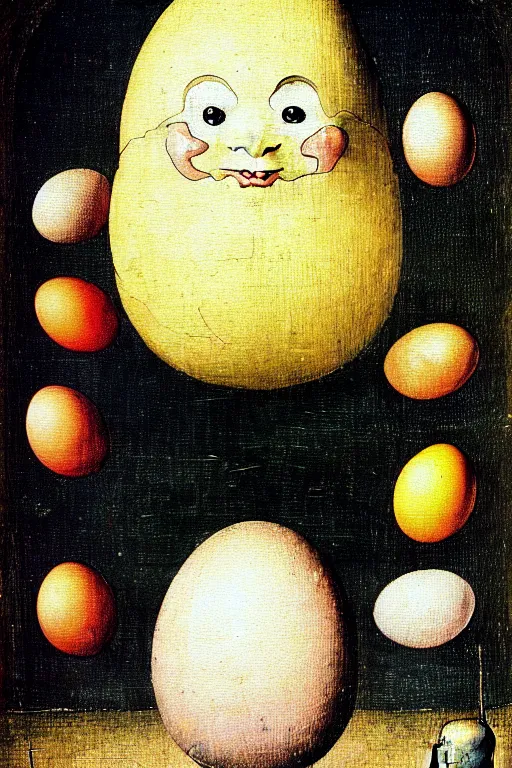 Prompt: hieronymus bosch painting of egg shaped humpty dumpty