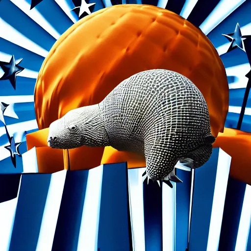 Image similar to armadillo patriot potus, modern art placed in a large living room, art designers magazine HD photo superrealism 3d 8k resolution