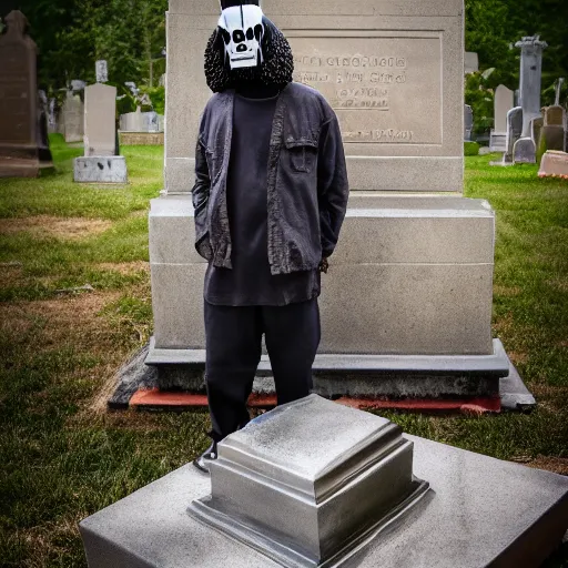 Image similar to MF DOOM standing in a graveyard with a dug up coffin, highly detailed mask, portrait photography, 8k