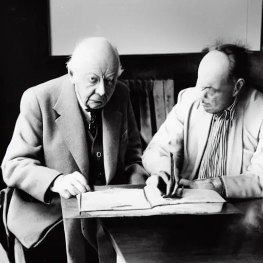 Image similar to john betjeman and bertrand russell having performative mid - century design arguments about paradox in poetry