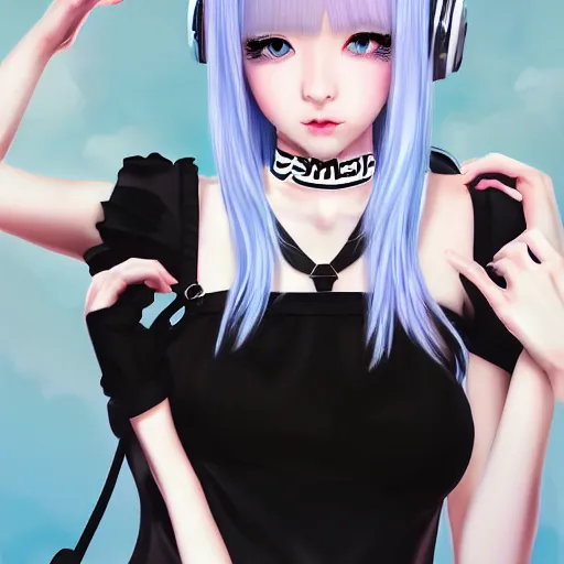 Image similar to realistic teasing detailed semirealism beautiful gorgeous cute Blackpink Lalisa Manoban white hair white cat ears blue eyes, wearing black camisole outfit, headphones, black leather choker full HD 4K high resolution quality WLOP, Aztodio, Taejune Kim, Guweiz, Pixiv, Instagram, Artstation