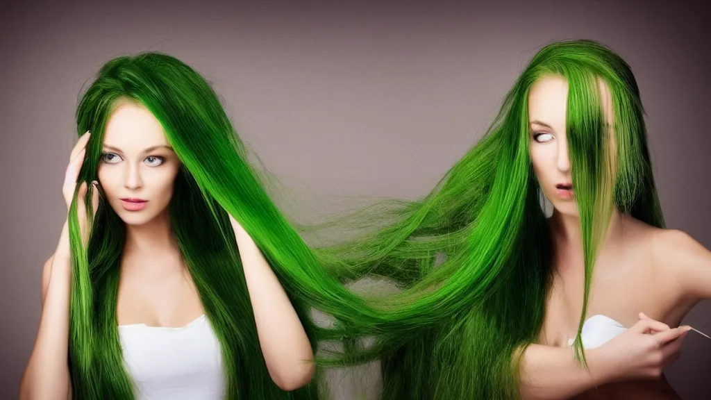 Image similar to beautiful woman playing with her very long green hair