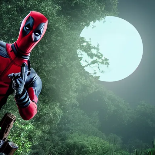 Image similar to deadpool comes out from a alien egg, ultra realistic, intricate details, highly detailed, photorealistic, 8 k, vegetation, water, moonlight