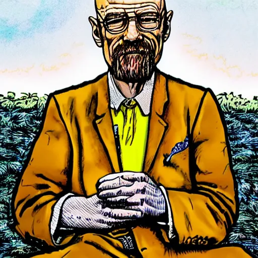 Image similar to The Artwork of R. Crumb and his Cheap Suit Breaking-Bad-Walter-White, pencil and colored marker artwork, trailer-trash lifestyle