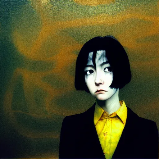 Image similar to yoshitaka amano blurred and dreamy realistic three quarter angle horror portrait of a sinister young woman with short hair and yellow eyes wearing office suit with tie, junji ito abstract patterns in the background, satoshi kon anime, noisy film grain effect, highly detailed, renaissance oil painting, weird portrait angle, blurred lost edges