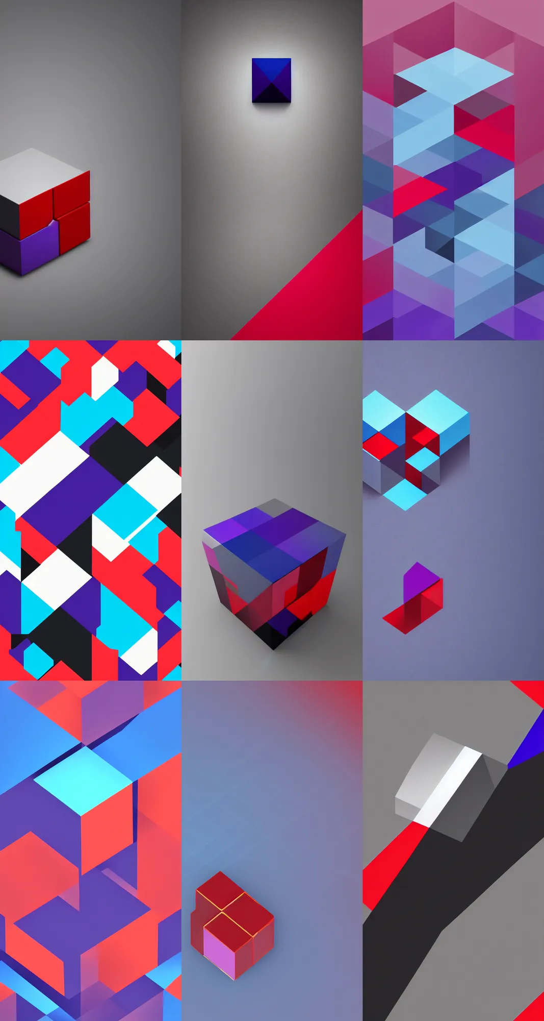 Prompt: a crisp minimal abstract wallpaper of a cube, dark black background, blue, purple, red, grey, layered, desktop background, behance, artstation, deviantart, global illumination, ray tracing