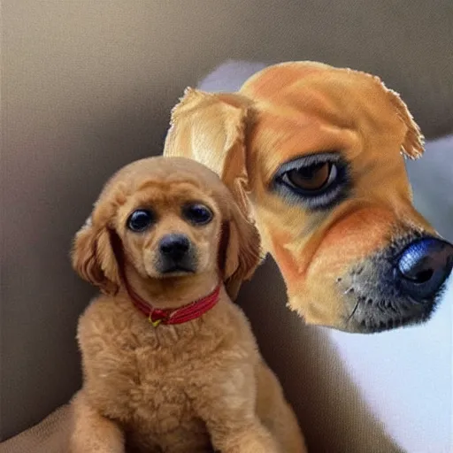 Image similar to photorealistic picture of 1 poodle 1 puggle and 1 golden retriever