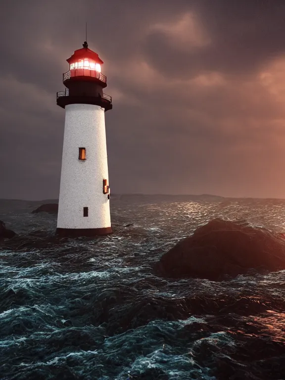 Image similar to photo of 8k ultra realistic lighthouse on island, heavy rain, night, light shining, heavy seas, full of colour, cinematic lighting, battered, trending on artstation, 4k, hyperrealistic, focused, extreme details,unreal engine 5, cinematic, masterpiece, art by studio ghibli