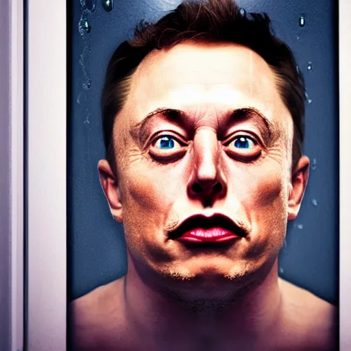 Image similar to dark photo of dark blue rainy bedroom window at night, dimly lit creepy ( ( ( ( ( contorted distorted ) ) ) ) ) screaming face of elon musk staring in through the window, white demonic eyes, horror, scary, 4 k, sweaty, face, demonic face,