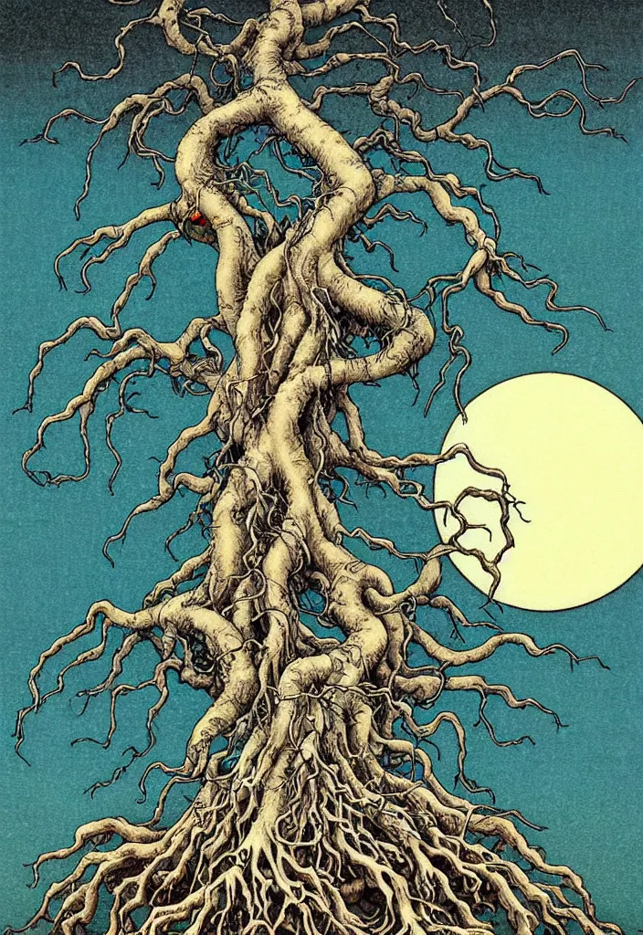 Image similar to prompt: magical white skeleton Bonsai tree squid creature roots merging into big moon drawn by Takato Yamamoto, bonsai skeleton, veins and organts attached to tree roots, alchemical objects inspired by 1980's sci-ci, intricate oil painting detail, manga 1980